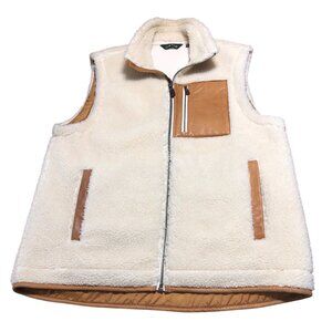 Orvis Vest Sherpa Fleece Leather Trim Mens L Pockets Beige Brown Western Cowboy